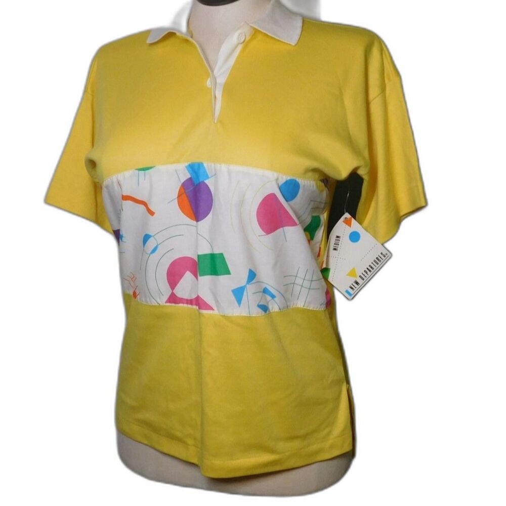 Vintage New Departures Bright Yellow Short sleeve shirt retro abstract shapes